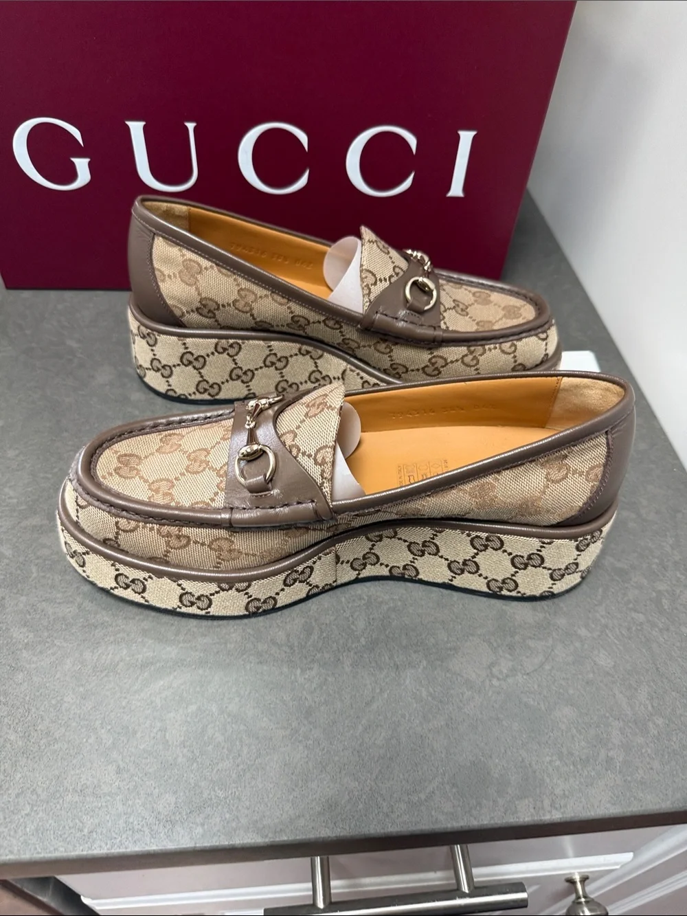 GUCCI Horsebit Wedge Platform Loafers GG Canvas w/Leather Size 38.5